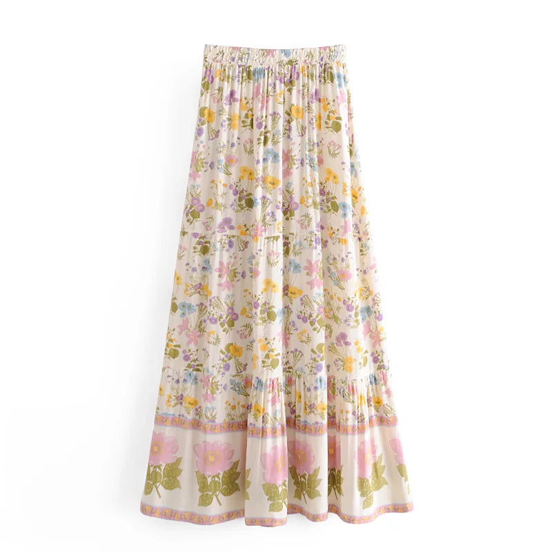 Beige Floral Boho Maxi Skirt