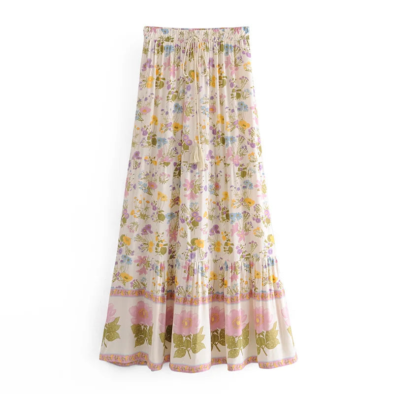 Beige Floral Boho Maxi Skirt