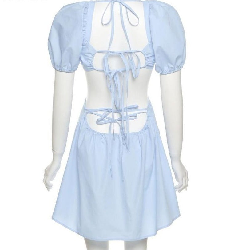 Cottage Girl Puff Sleeve Backless Mini Dress