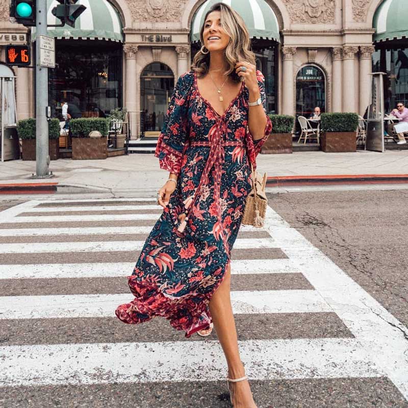 Short Sleeve Deep V-Neck Bohemian Dress - ChicBohoStyle – Chic Boho Style