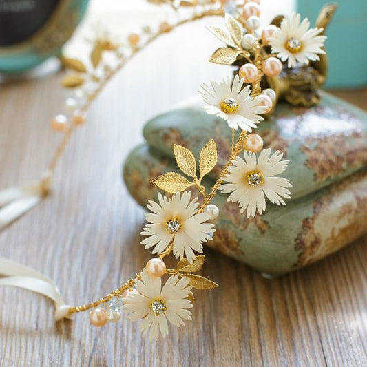 Gold Leaf Daisy Flower Headband-ChicBohoStyle