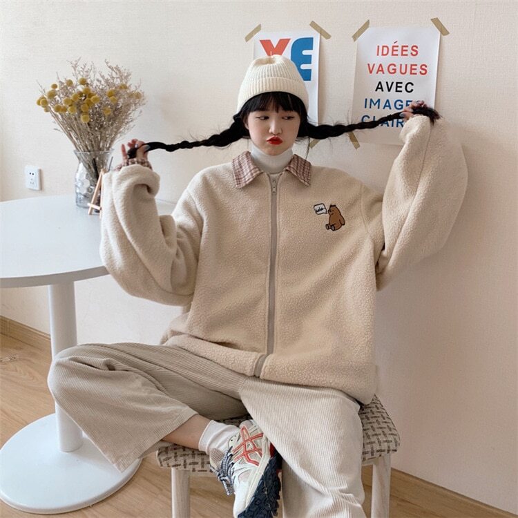 Kawaii Style Bear Cute Soft Girl Wool Jacket – Chic Boho Style