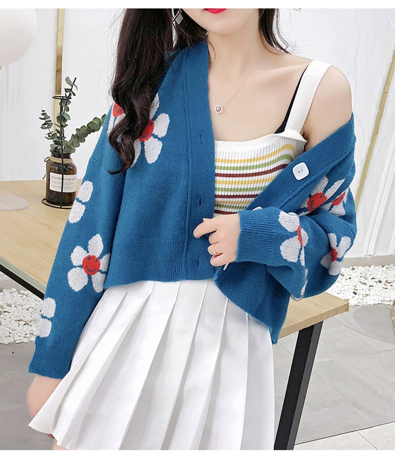 Korean Style Floral Knitted Sweater Cardigans