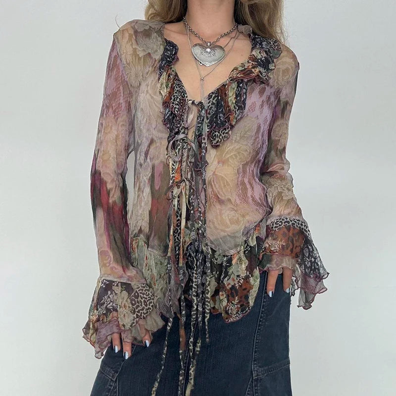 Boho Fairycore Floral Mesh Top