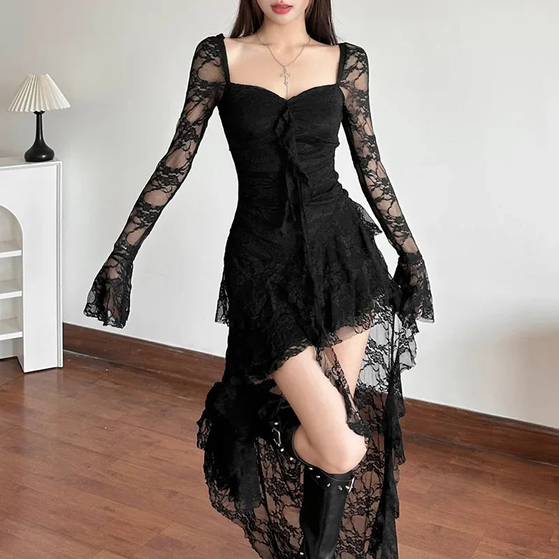 Fairycore Lace Black Mini Dress