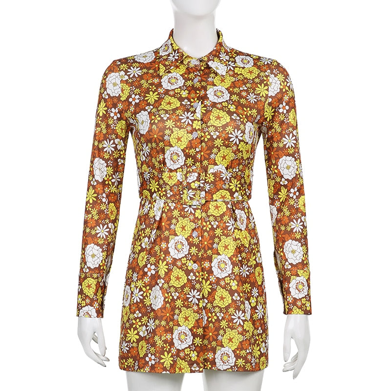 70's Yellow Floral Long Sleeve Mini Dress