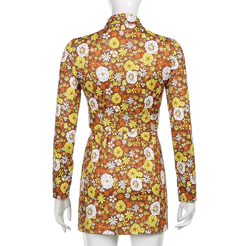Chic Boho Style 70's Yellow Floral Long Sleeve Mini Dress Yellow / S