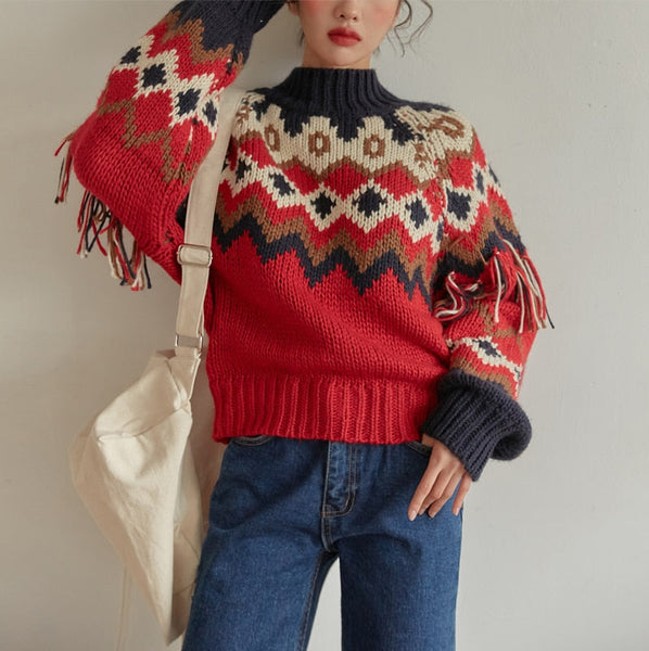 90s Retro Geometric Knit Sweater – Chic Boho Style