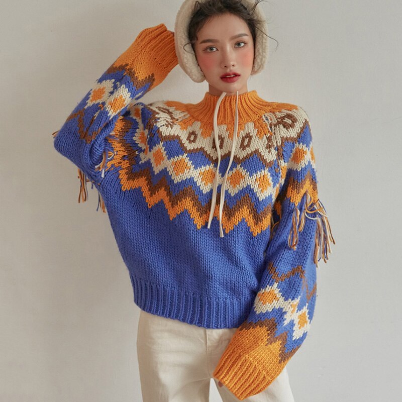 90s Retro Geometric Knit Sweater – Chic Boho Style