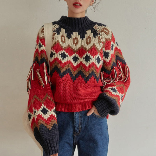 90s Retro Geometric Knit Sweater – Chic Boho Style