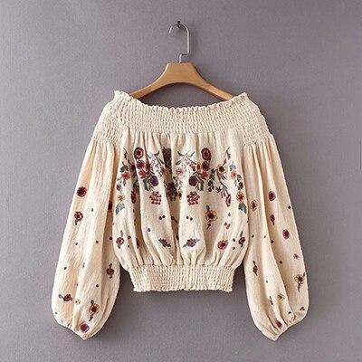 Balloon Sleeve Sunflower Embroidered Beige Cotton Blouse-ChicBohoStyle