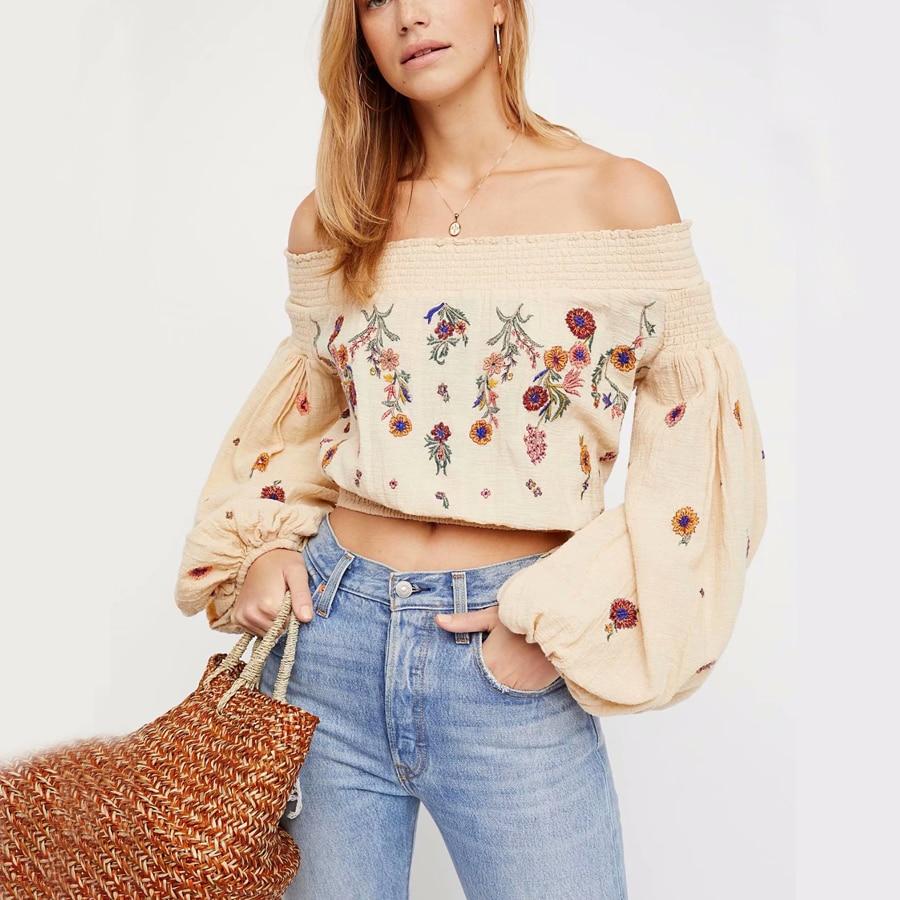 Balloon Sleeve Sunflower Embroidered Beige Cotton Blouse-ChicBohoStyle