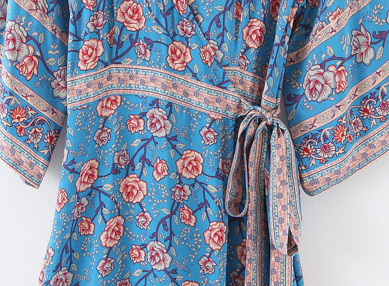 Blue Floral Three Quarter Sleeve Bohemian Dress with Belt - – Chic