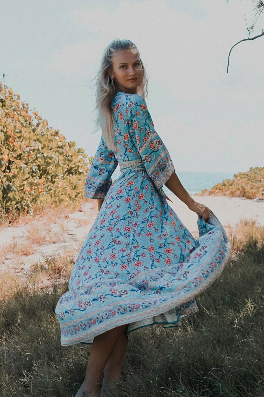 Blue Floral Three Quarter Sleeve Bohemian Dress with Belt-ChicBohoStyle