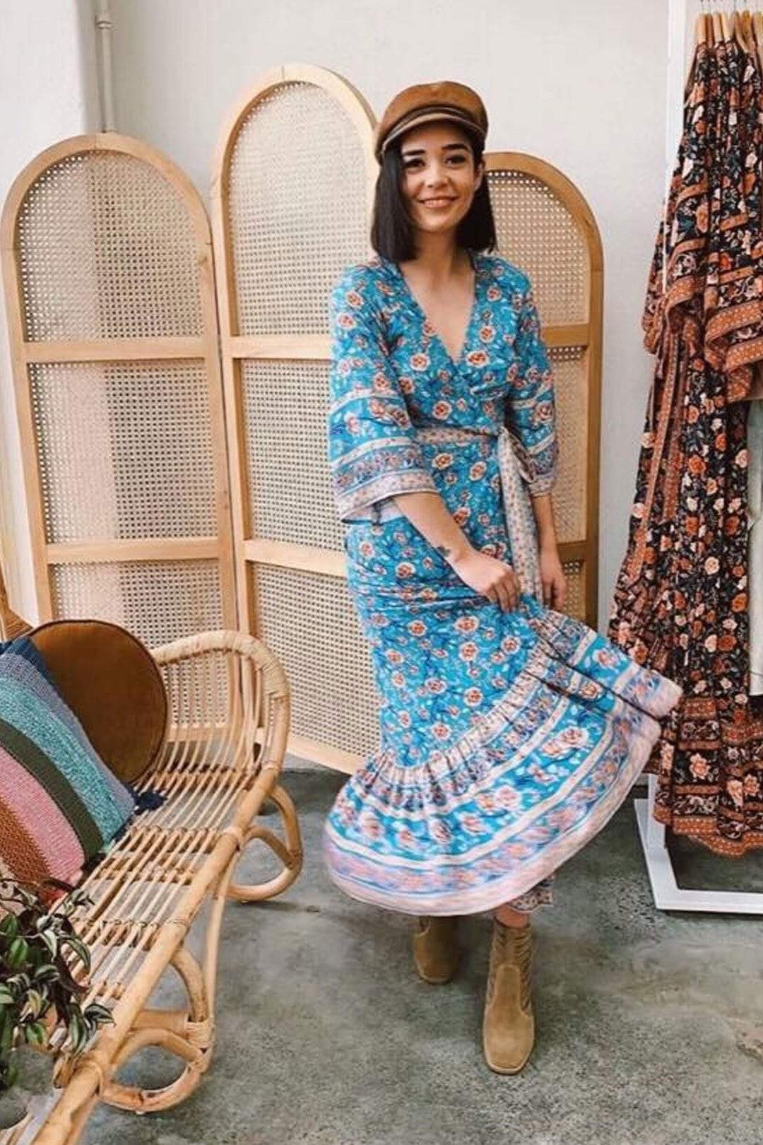Blue Floral Three Quarter Sleeve Bohemian Dress with Belt-ChicBohoStyle