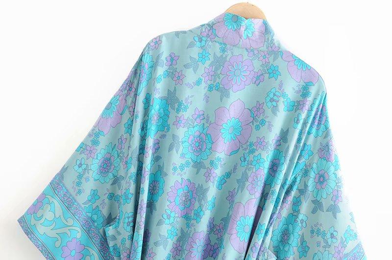 Blue Purple Flowers Ocean Kimono Cover Up-ChicBohoStyle