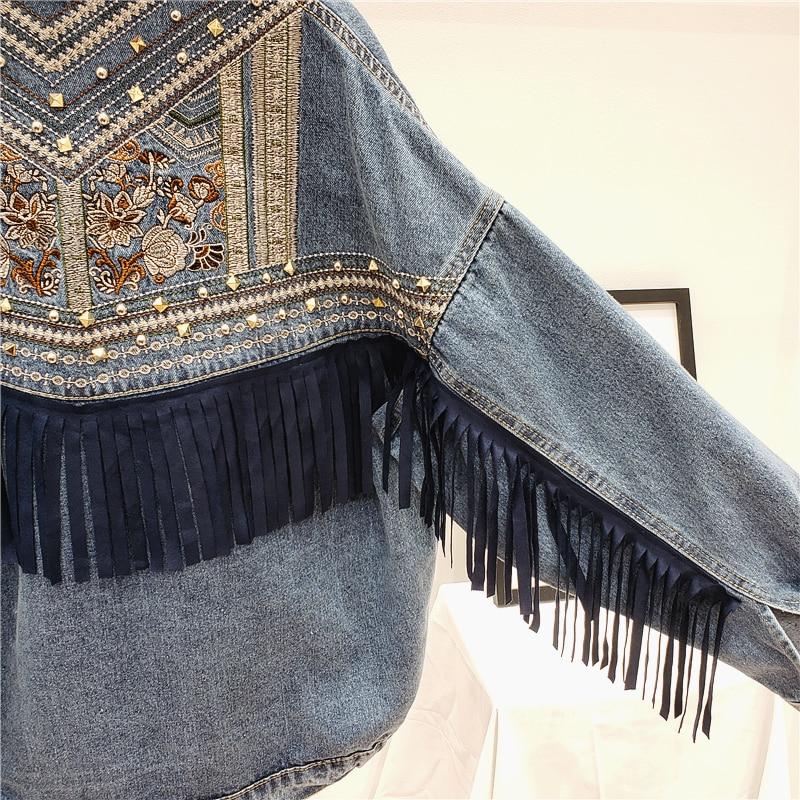 Blue Suede Fringe Vintage Embroidery Loose Denim Jacket-ChicBohoStyle