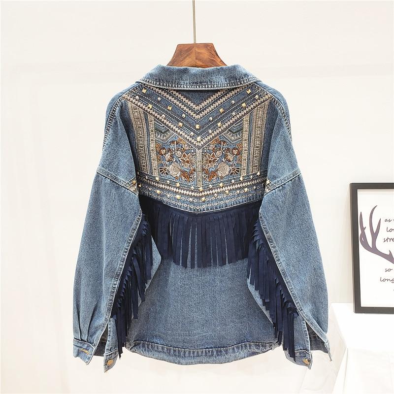 Blue Suede Fringe Vintage Embroidery Loose Denim Jacket-ChicBohoStyle