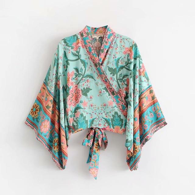 Boho Vintage Floral Print Short Kimono Blouse-ChicBohoStyle