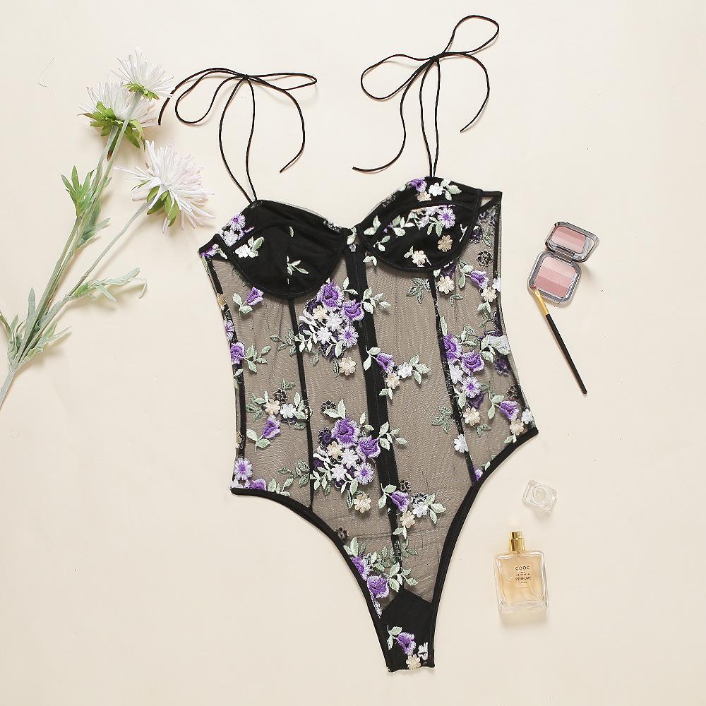 Bow Straps Floral Embroidery Mesh Bodysuits-ChicBohoStyle