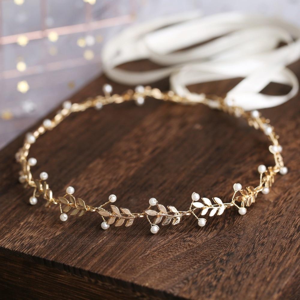 Bridal Headband Gold Leaves Pearl Hairband-ChicBohoStyle