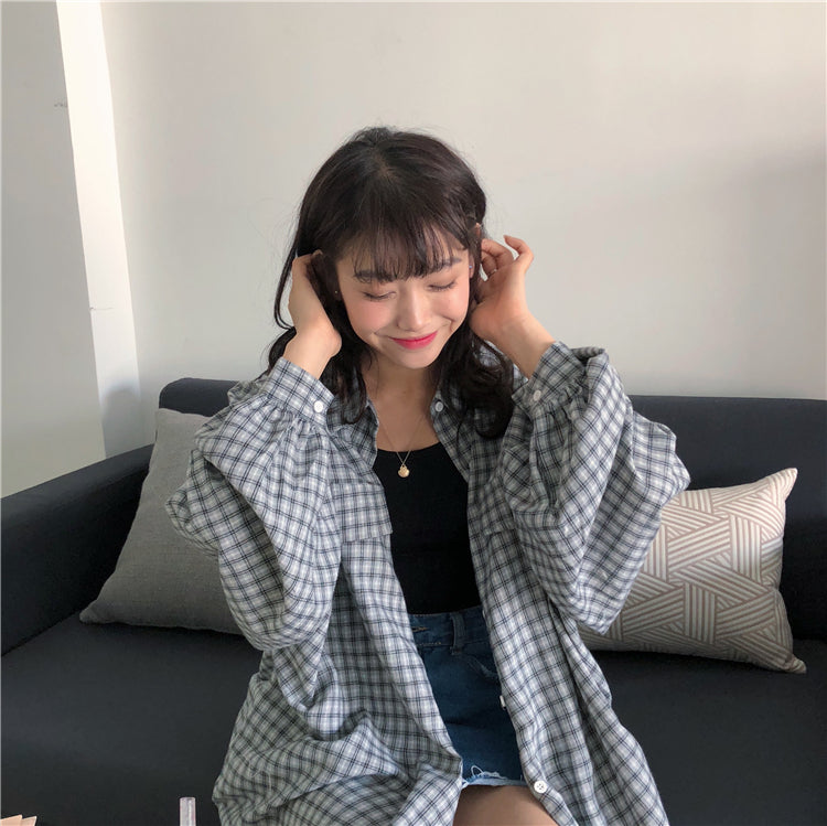 Casual Plaid Loose Korean Style Shirt – Chic Boho Style
