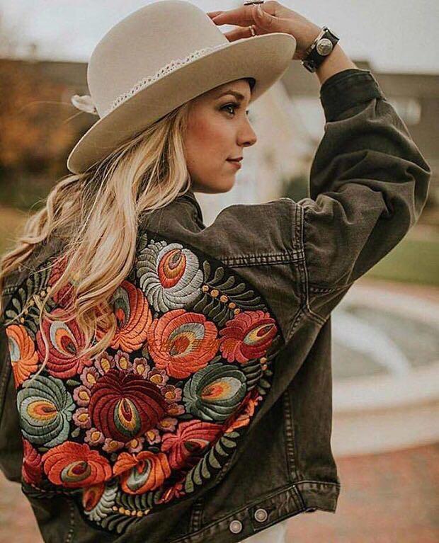 Colorful Floral Embroidered Denim Jacket-ChicBohoStyle
