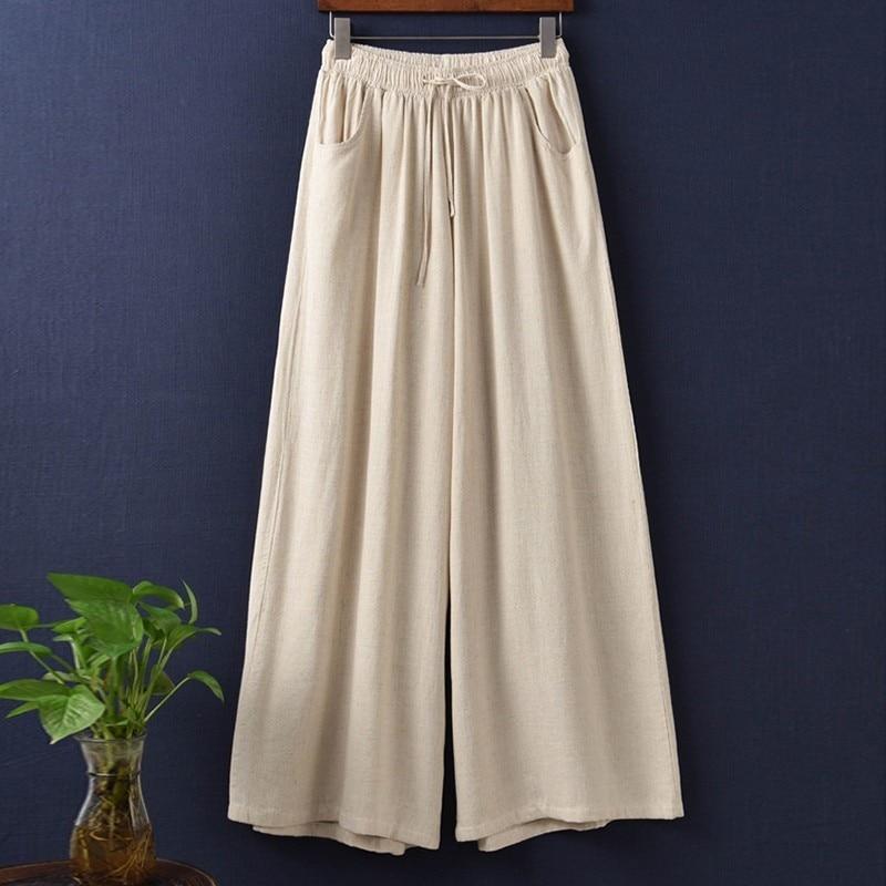  High Waist Cotton Linen Wide Leg Pants for Women
