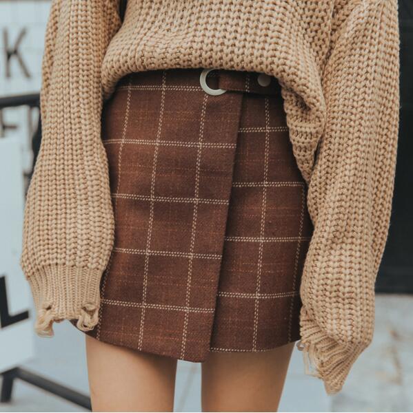 Dark Academia Style Woolen Plaid Retro Skirt