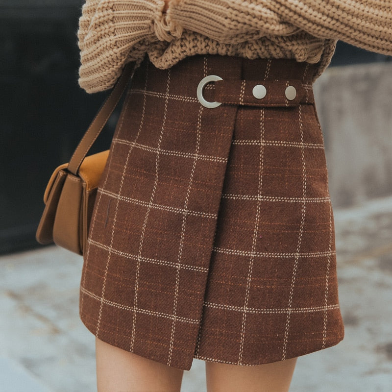 Dark Academia Style Woolen Plaid Retro Skirt
