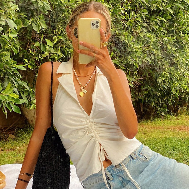 Deep V-Neck Sexy Sleeveless Ruched Crop Top