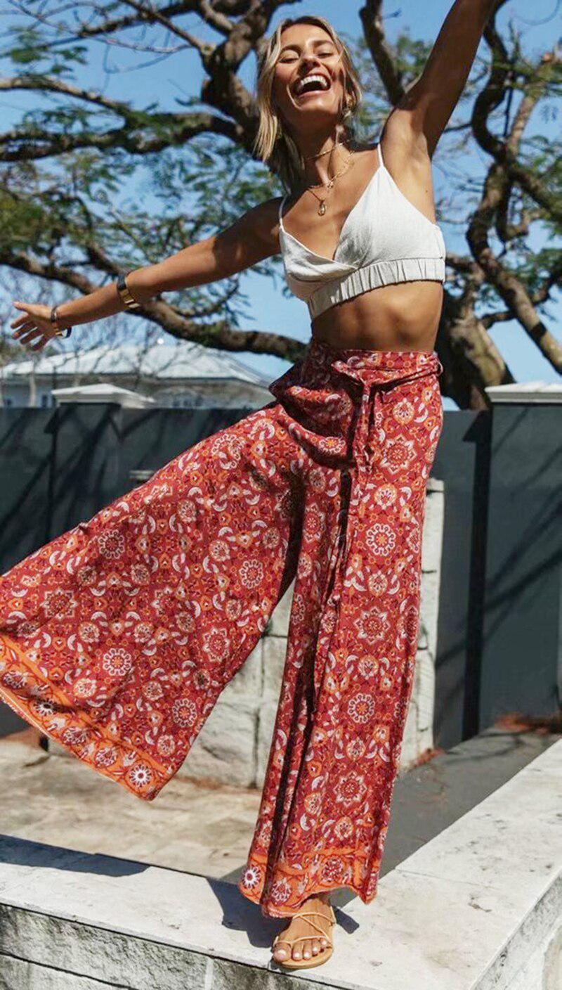 Summer New Women's Bohemian Rayon Beach Pants Elastic High Waist