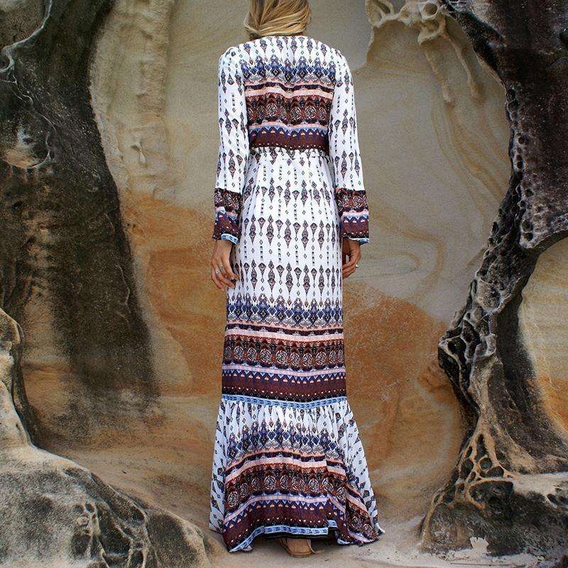 Ethnic Print Maxi Wrap Dress-ChicBohoStyle