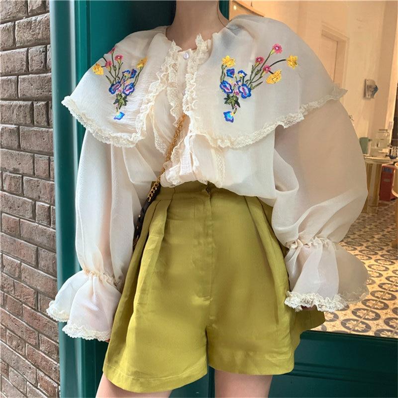 Floral Embroidered Ruffle Flare Sleeve Peter Pan Collar Blouse-ChicBohoStyle