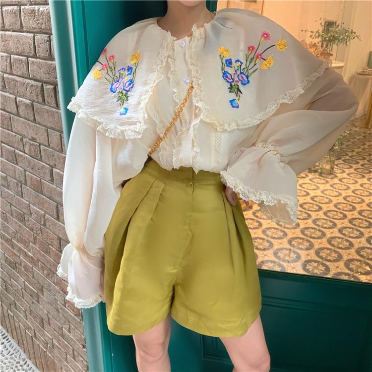 Floral Embroidered Ruffle Flare Sleeve Peter Pan Collar Blouse-ChicBohoStyle
