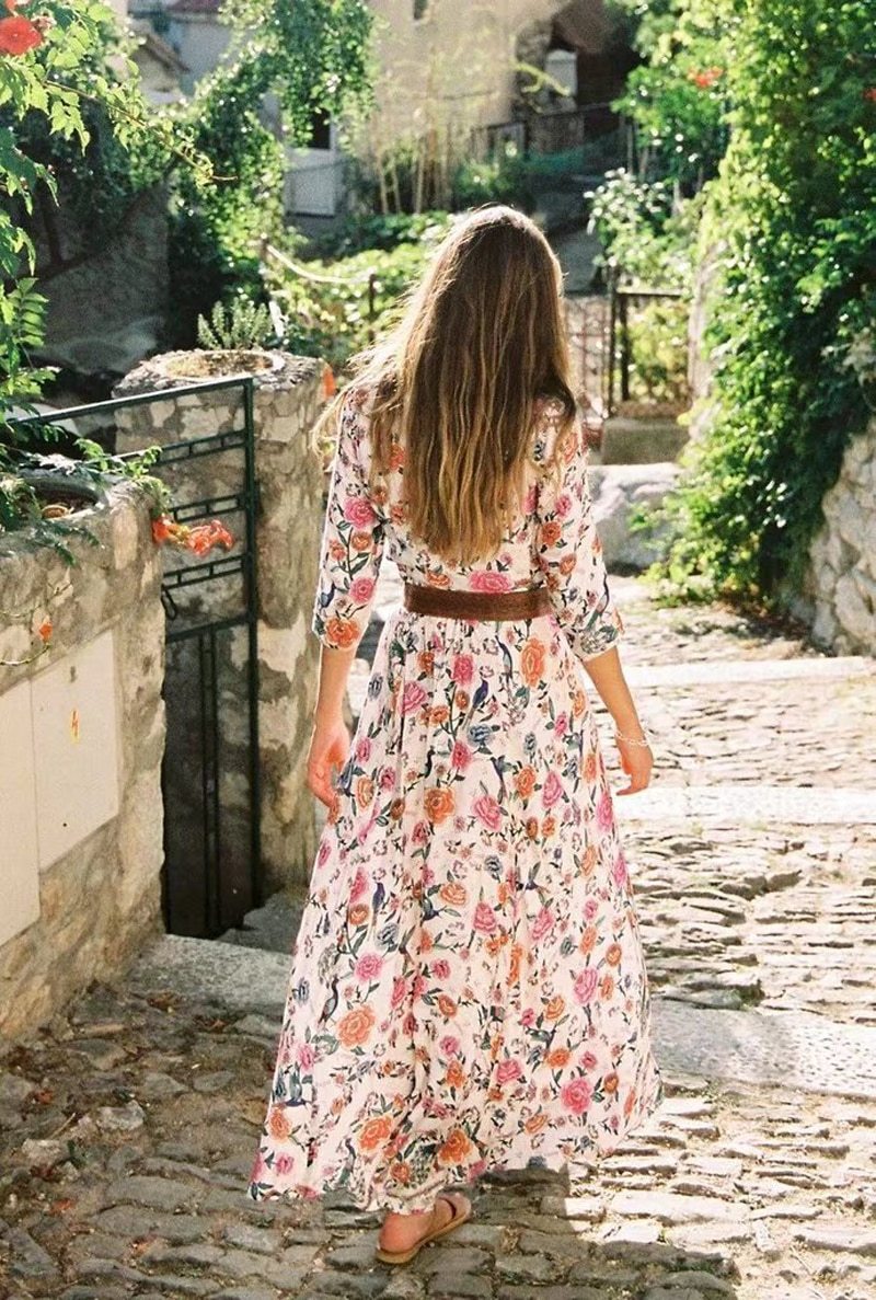 Floral Print Cotton Wrap Dress-ChicBohoStyle