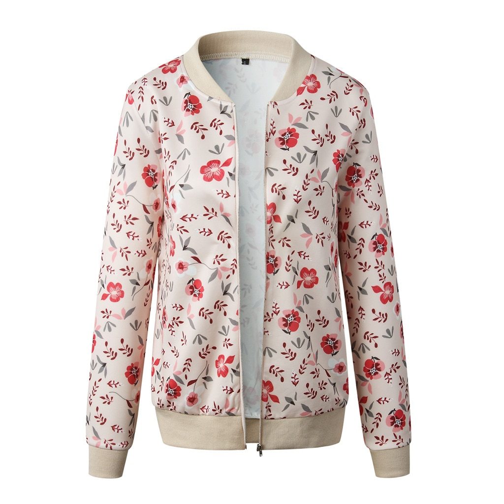 Floral Printed Long Sleeve Bomber Jacket-ChicBohoStyle