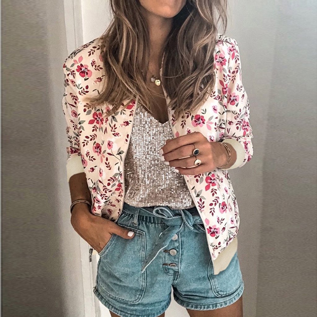 Floral Printed Long Sleeve Bomber Jacket-ChicBohoStyle