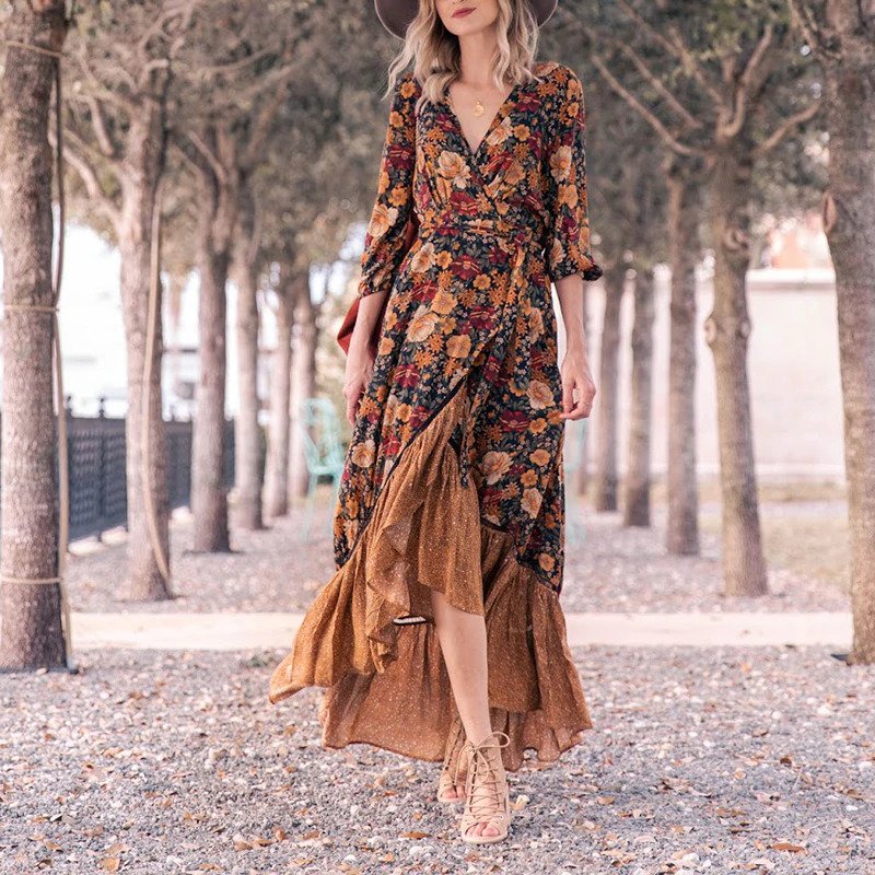 Chic Boho Style Floral Vintage Irregular Maxi Wrap Dress Brown / L