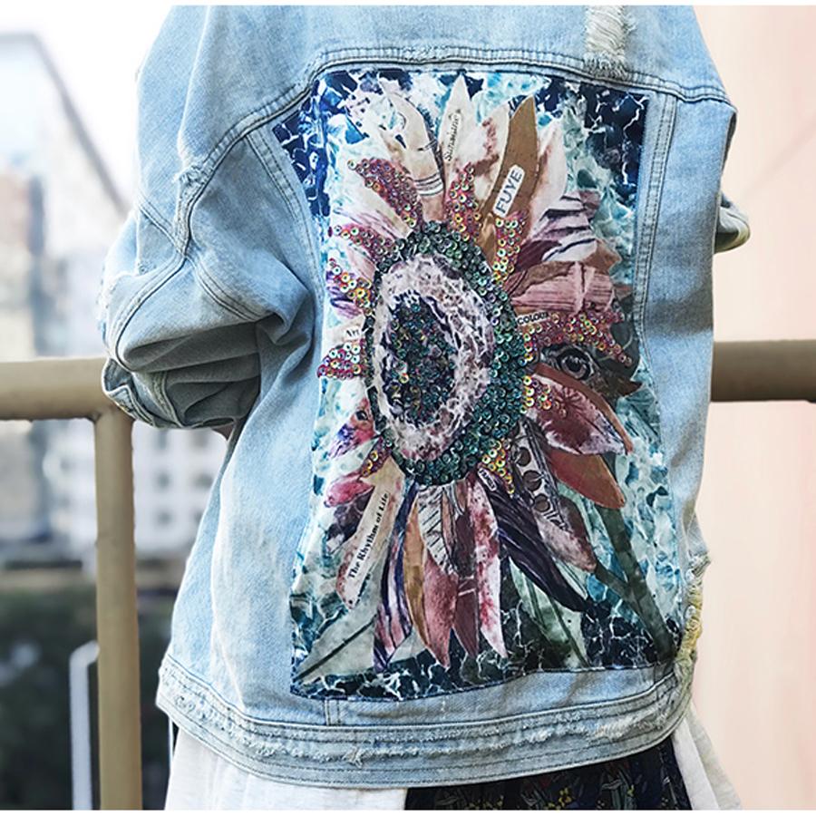 Flower Child Sequins Embroidered Denim Jacket - ChicBohoStyle