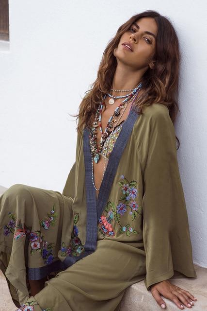 Flowers Embroidery Beach Cover Up Kimono-ChicBohoStyle
