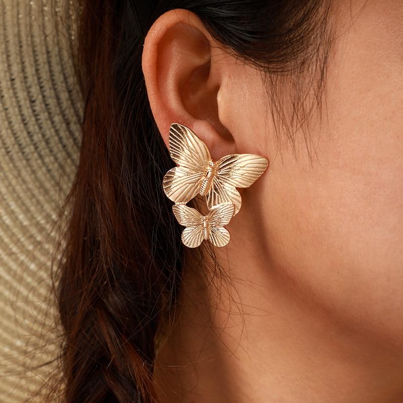 Gold Double Butterfly Stud Earrings-ChicBohoStyle