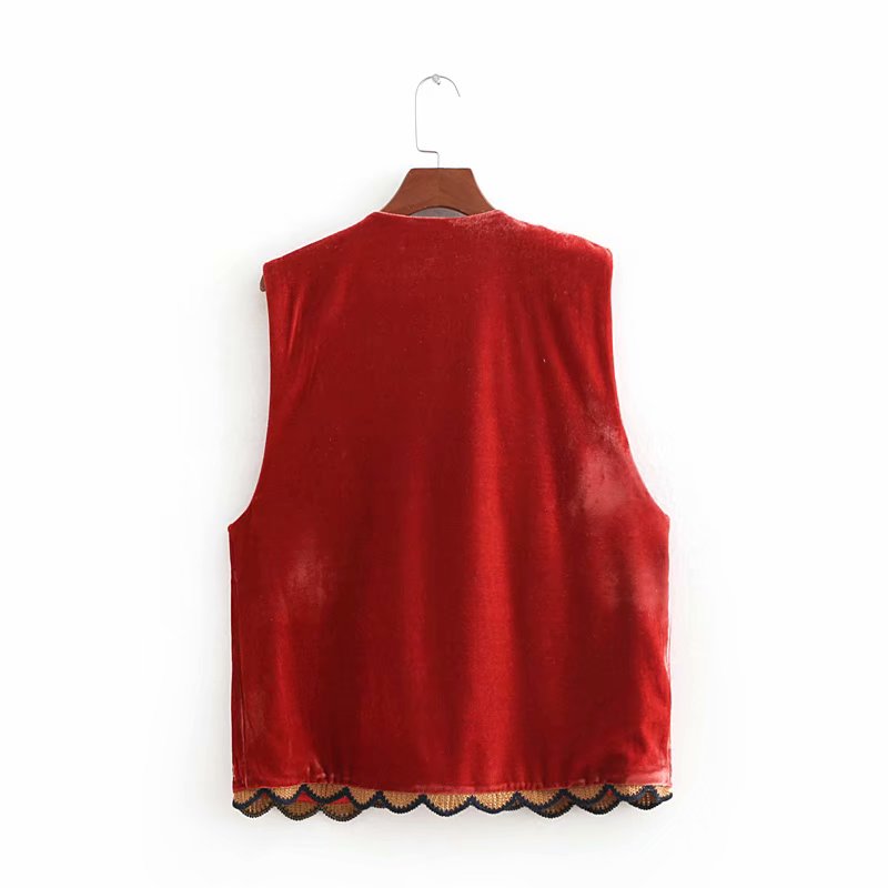 Gypsy Apparel Red Velvet Sequins Embroidered Waistcoat