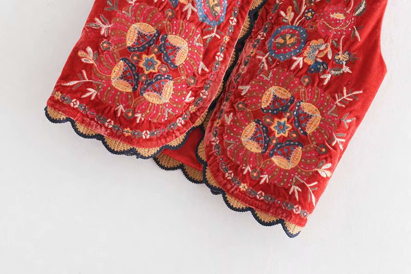 Gypsy Apparel Red Velvet Sequins Embroidered Waistcoat