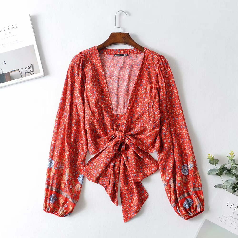 Boho Floral Cropped Wrap Top in Red