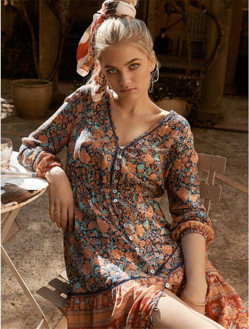 Gypsy Vibes Long Sleeve Tiny Button Maxi Dress-ChicBohoStyle