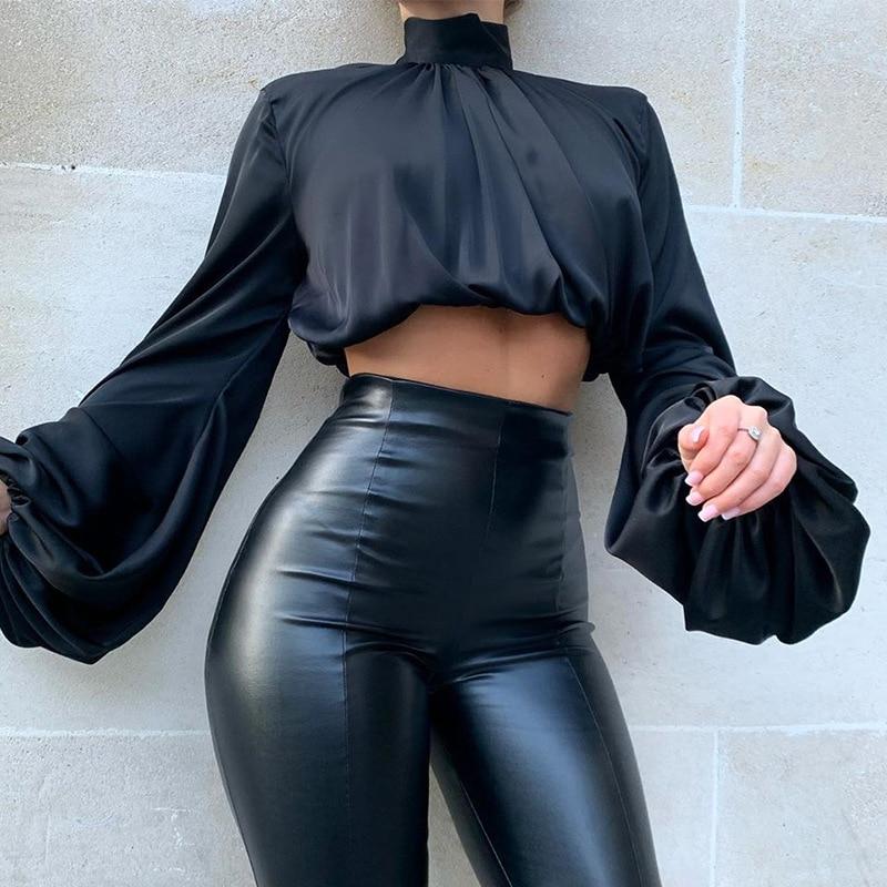 High Neck Puff Sleeve Crop Top-ChicBohoStyle