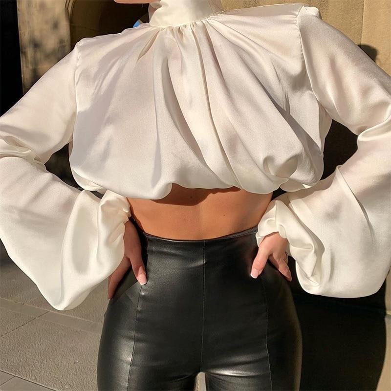 High Neck Puff Sleeve Crop Top-ChicBohoStyle