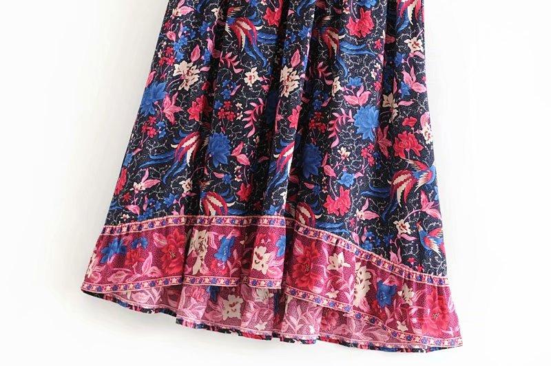 Hippie Birds Floral Print Bohemian Pleated Maxi Skirt - ChicBohoStyle ...