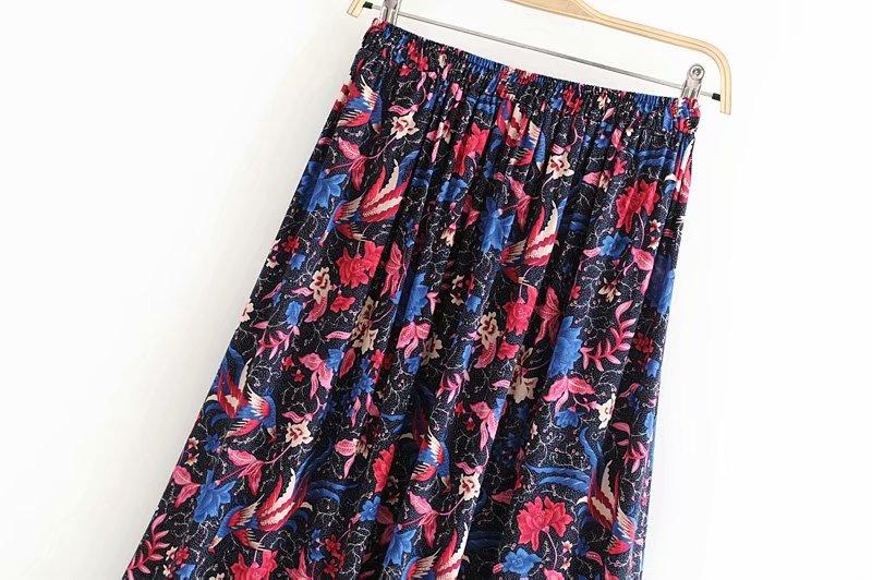 Hippie Birds Floral Print Bohemian Pleated Maxi Skirt-ChicBohoStyle